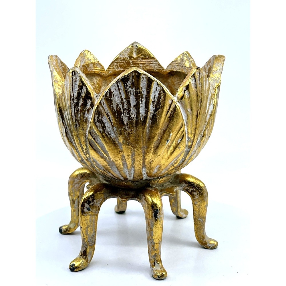 Vintage Hollywood Regency Cast Iron Lotus Flower L&L Planter Candle Holder